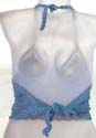 Low v-neck blue crochet bra top with handcrafted floral pattern forming 