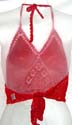Low v-neck red crochet bra top with handcrafted floral pattern forming in triangle design on bodice, tie on neck and in back 