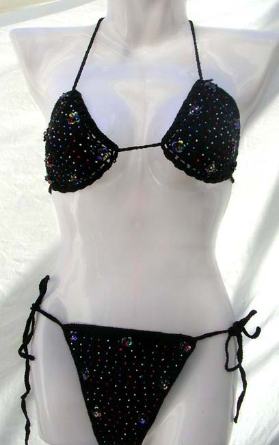 See through bikini set store supply handcrafted black bikini sequined bikini halter bra top with satin bows and sequins design 