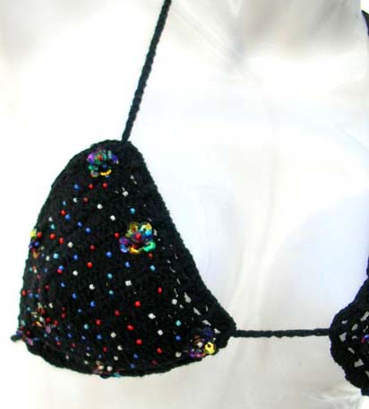 See through bikini set store supply handcrafted black bikini sequined bikini halter bra top with satin bows and sequins design 