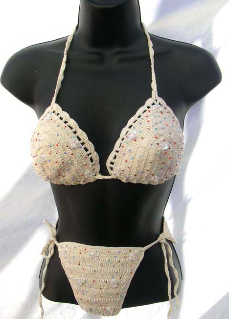 Fancy fashion wholesaler online supply slide sequined beige halter bikini top matched with bow tie thong 