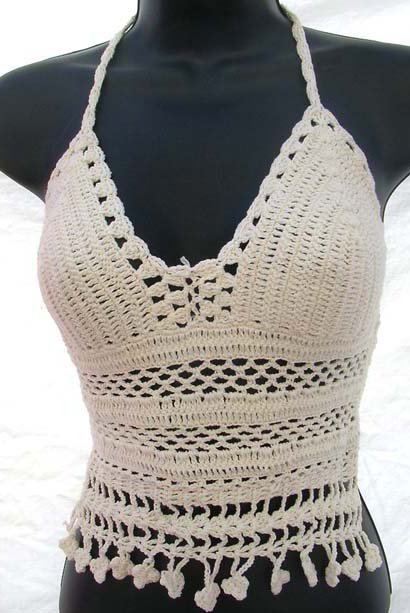 Direct exporters wholesale fringes lady's halted antique white crochet top with mini web pattern design 