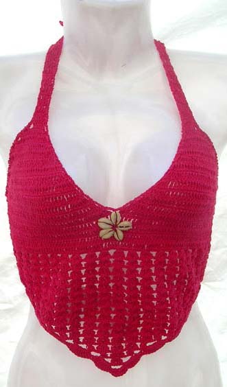 Wholesale lingerie crochet bra clothing cherry pink sexy tie strings crochet top with seashell floral and funky angle design on bottom 