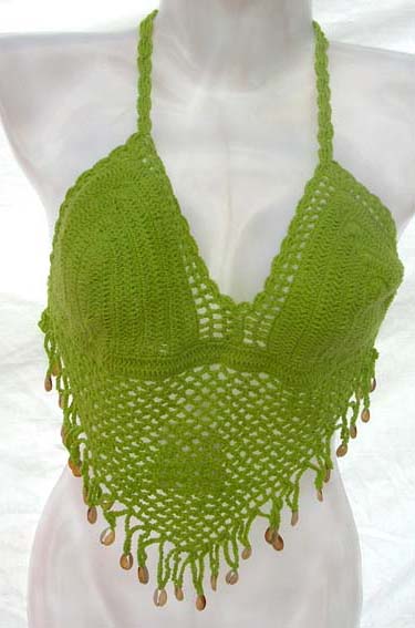 Exporters crocheted lady's sexy top wholesale bras and lingerie lime crochet top with seashell fringe design 