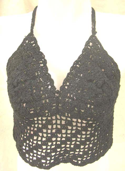 Below wholesale custom crochet black floral triangle top with square combined diagonal line design 