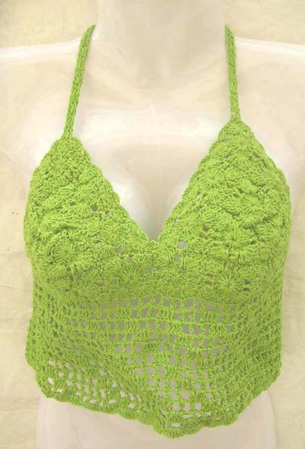 Custom bra top store online crochet green floral triangle top with square combined diagonal line design 