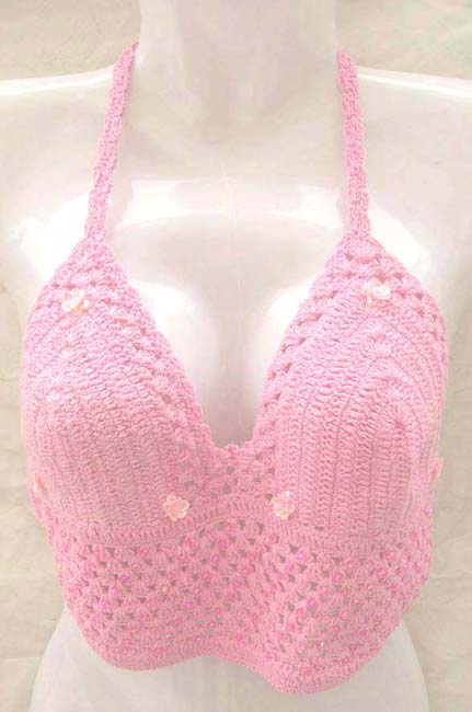 Designer inspired fashion store fancy sexy pinky crochet binkini top with handicrafted shiny chips flower sequin design 