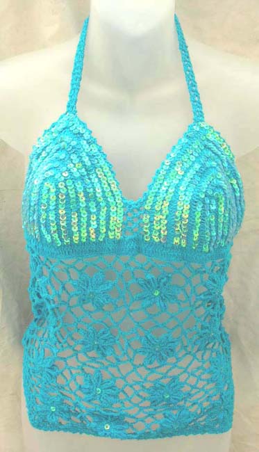 Sexy fashion shows supplier wholesale daisy flower multi tie shiny chips handicrafted sequin aquarium triangle top crochet 