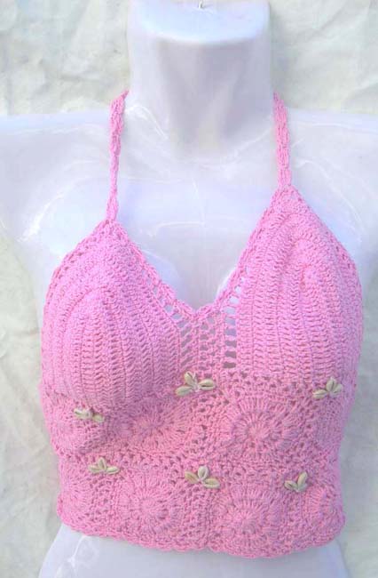 Lady's sexy apparel seashell flower pinky crochet top 