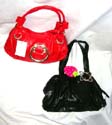 Black and red PVC handle handbag with metal round chain design