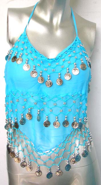 Great dance set and clothing business online belly dance fashion aqua skirt and top set with fancy money hanging on top and skirt bottom   