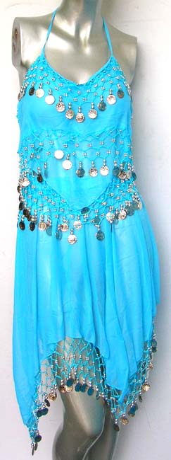 Great dance set and clothing business online belly dance fashion aqua skirt and top set with fancy money hanging on top and skirt bottom   