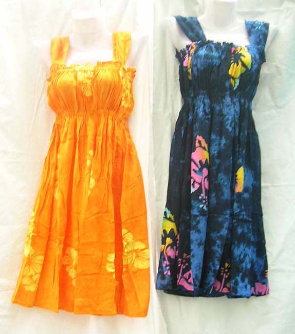 Classic mid length spring dress with thick shoulder straps and fun beach print design distributing manufacturer