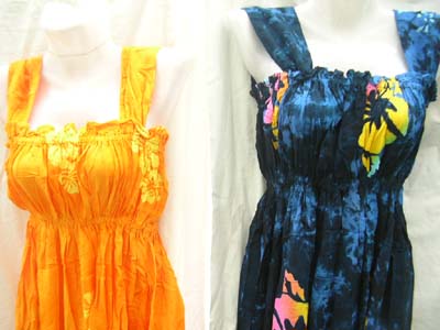 Classic mid length spring dress with thick shoulder straps and fun beach print design distributing manufacturer
