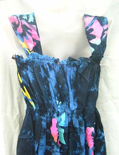 Classic mid length spring dress with thick shoulder straps and fun beach print design distributing manufacturer