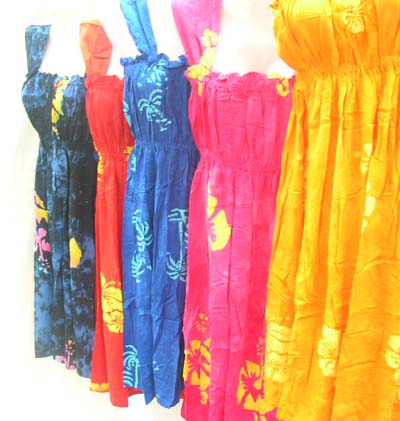 Classic mid length spring dress with thick shoulder straps and fun beach print design distributing manufacturer