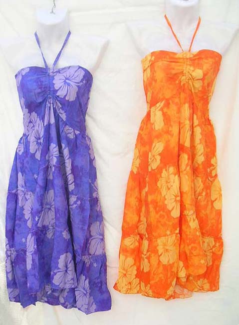 Resort wear import wholesale shopping, hibiscus floral theme on bali rayon dress