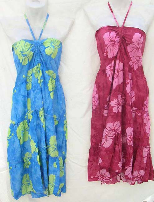 Resort wear import wholesale shopping, hibiscus floral theme on bali rayon dress