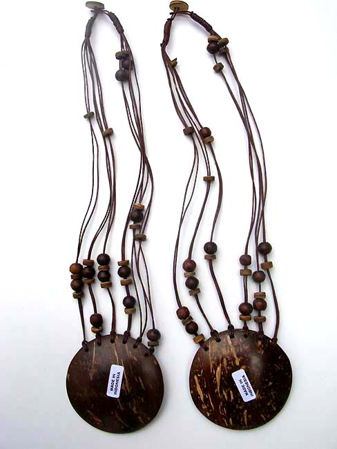 Balinese style wooden pendant on multi string necklace decorated with beads, fashion shopping wholesale