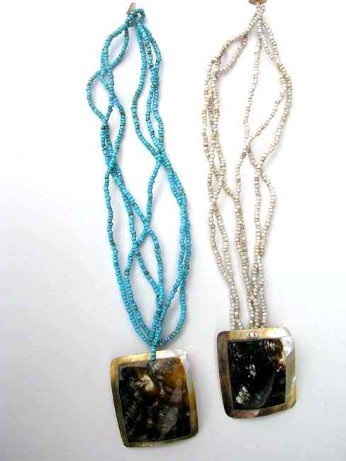 Online Ladies bali multi string beaded necklace with large square seashell pendant