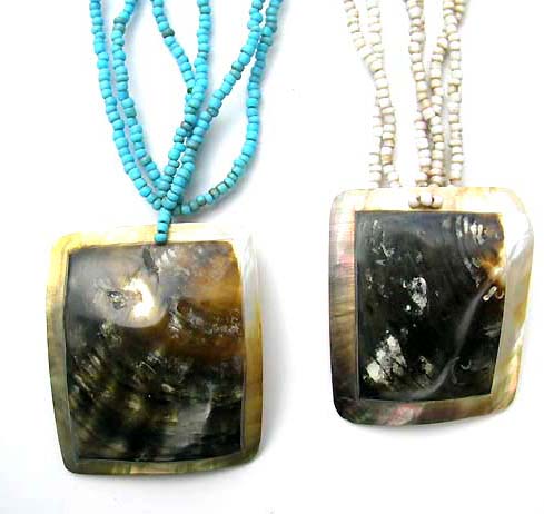 Online Ladies bali multi string beaded necklace with large square seashell pendant