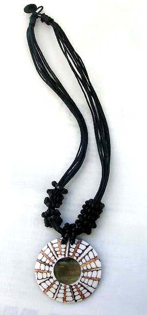International gift jewelry, Unique adorned seashell pendant with wooden beads of necklace