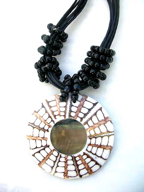International gift jewelry, Unique adorned seashell pendant with wooden beads of necklace