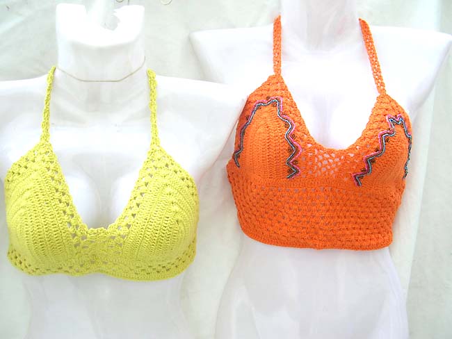 Exotic fashion retailer, Bali summer halter tops in orange and yellow needle work crochet