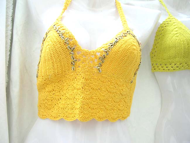 Exotic fashion retailer, Bali summer halter tops in orange and yellow needle work crochet
