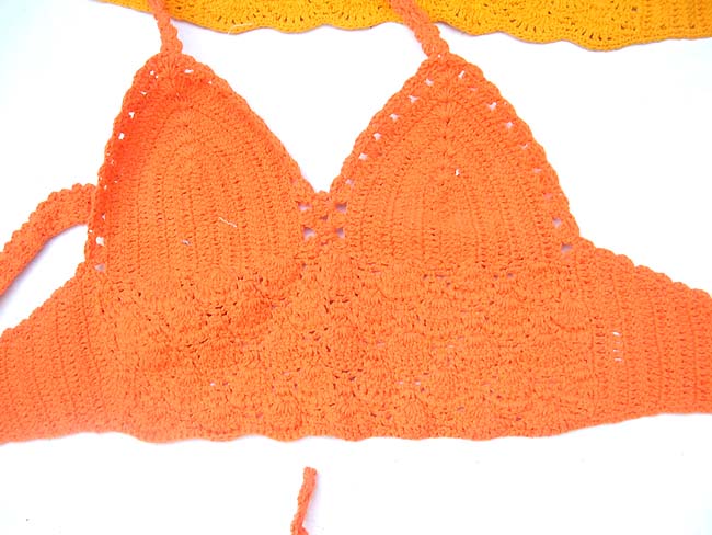 Exotic fashion retailer, Bali summer halter tops in orange and yellow needle work crochet