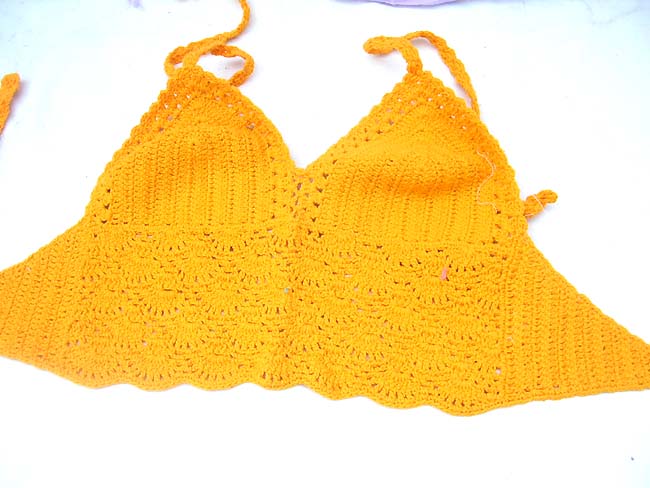 Exotic fashion retailer, Bali summer halter tops in orange and yellow needle work crochet