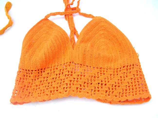 Exotic fashion retailer, Bali summer halter tops in orange and yellow needle work crochet