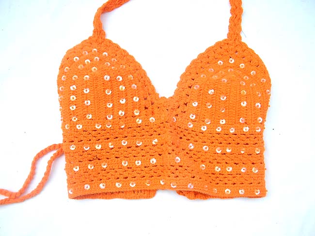 Exotic fashion retailer, Bali summer halter tops in orange and yellow needle work crochet