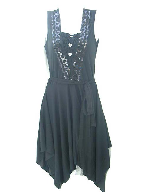 Sequin decorated, black spring dress with heart shaped adornment on front, Leisure wear exchange supplier