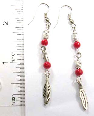 Wholesale making beaded jewelry online silver fish hook earring with 2 red faux stone holding long leaf shape dangle on bottom