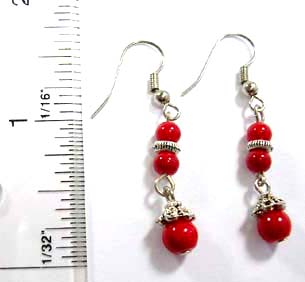Unique jewelry wholesale supply Bali beaded, fish hook earring with bali silver beads paired with two small and one large red faux stone