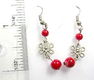 gift for young ladies gem stone jewelry shoping store wholesale, fish hook earring with 2 red faux stone and flower decor dangle