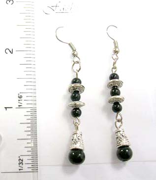 wholesale earring gem silver stone jewelry supplier online, fish hook earring with black faux stone and bali silver beads 