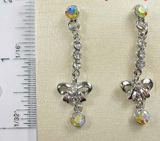 Wholesale costume jewlery accessory earring features ribbon chain with iridescent cz crystal embedded   