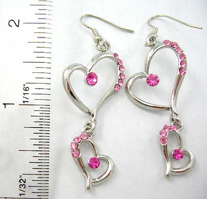 pink cubic zirconia heart jewelry fashion inspired of heart wholesale supply 2 heart earring in cut out design with pink cz embedded  