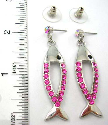 Costume jewelry house brilliant pink cz and iridescent stone embedded cut-out fish design post back earring