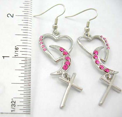 Discount value jewelry warehouse online fish hook earring in heart, moon, and cross design with multi pink and clear cz embedded