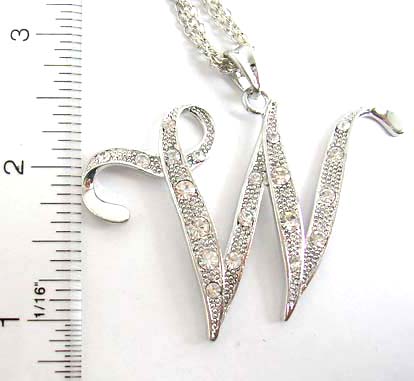 Wholesale jewelry catalog free online silver plated necklace holding a letter W pendant with clear cz embedded  