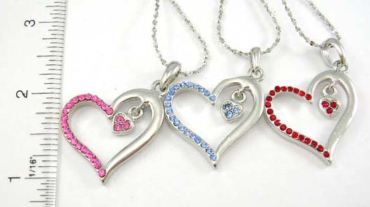 heart love cz jewelry silver necklace giftware wholesale silver necklace holding cut-out heart shape pendant with cz stone embedded