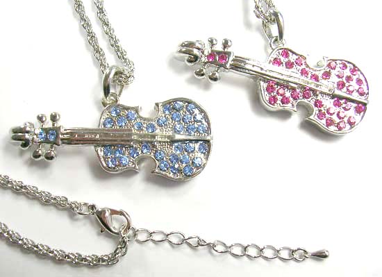 Wholesale price elegant cz charm silver twisted necklace holding violin pendant with cz stone embedded