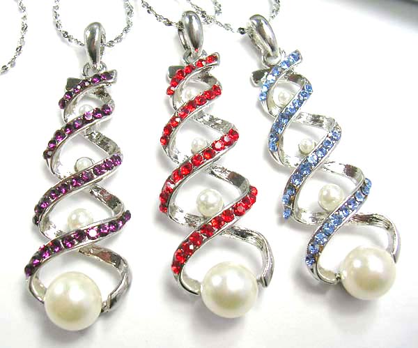 high quality cubic zirconia necklace designer wholesale from US, double curvy lines twisted pattern pendant necklace with cz stone and imitation pearl