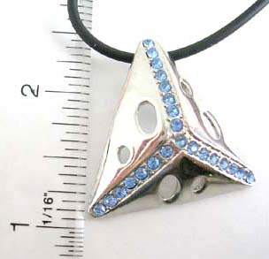 cubic zirconia jewelry gift inspired shape wholesaler supply black thick cord string necklace holding 3D triangular shape pendant with oval cut out design and blue cz embedded