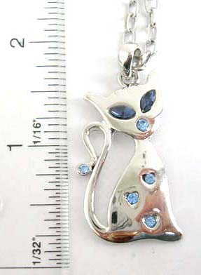 cat people costume cz charm necklace supplier wholesale silver necklace holding a cat pendant with blue cz stone embedded