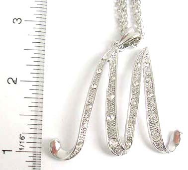 shop initial charm pendant jewelry giftware online supply silver plated necklace holding an alphabet letter M pendant embedded clear cz stone 