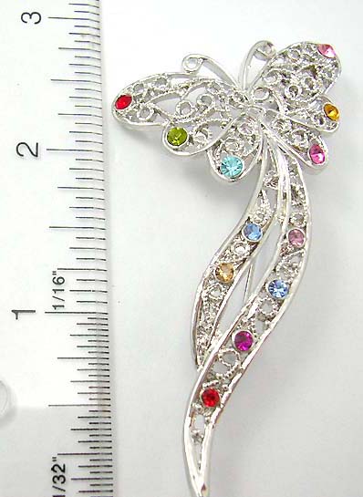 woman's costume brooch pin in butterfly theme wholesale distribute cut-out butterfly pin with assorted color cz stone embedded 